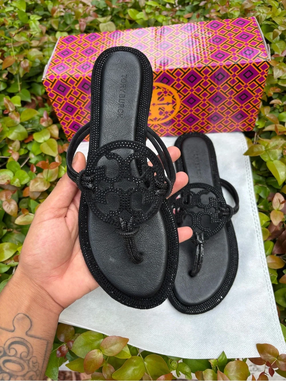 Tory Burch Black Logo Thong Sandals with Medallion